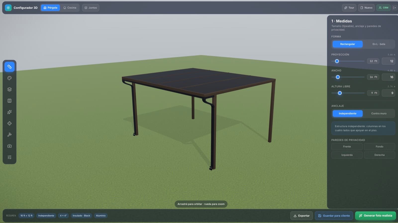 Panel de medidas del configurador con la pérgola en 3D
