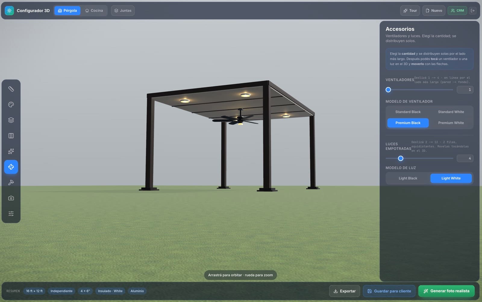 La pérgola con luces encendidas y el panel de accesorios