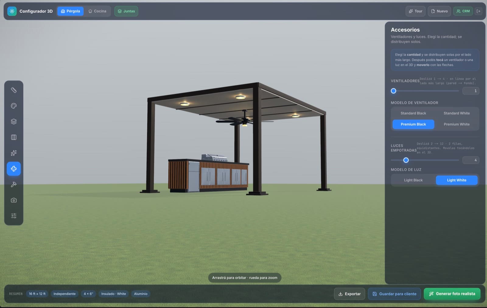 La cocina modular montada bajo la pérgola en el 3D