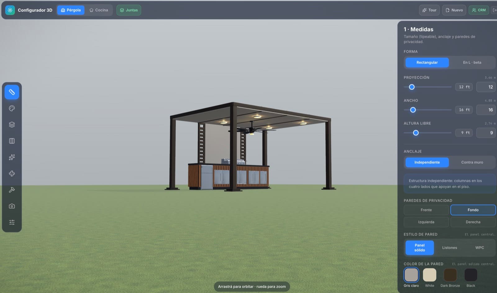 Pérgola con pared de fondo y cocina, y el panel de paredes