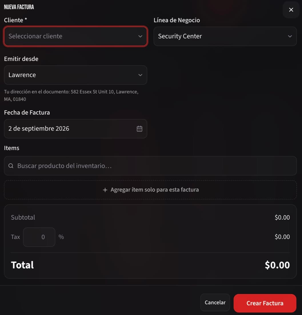 Diálogo de nueva factura con cliente, línea de negocio y detalle de ítems