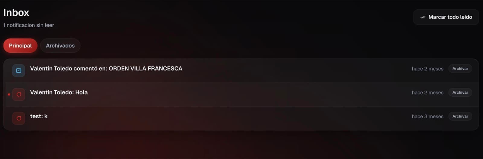 Bandeja de notificaciones con comentarios y mensajes del equipo