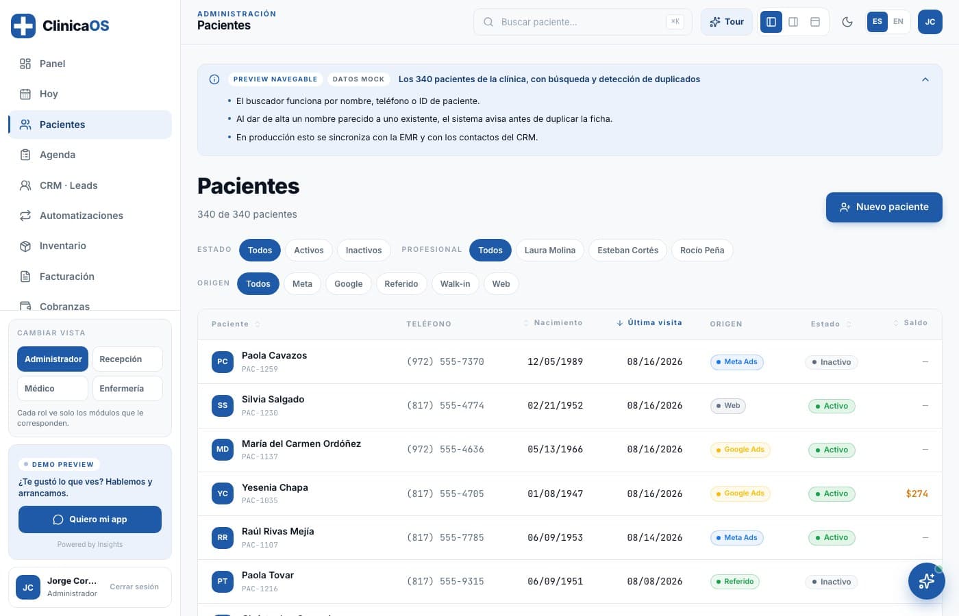 Lo urgente, junto y a la vista — ClinicaOS, desarrollo de software de insights apps