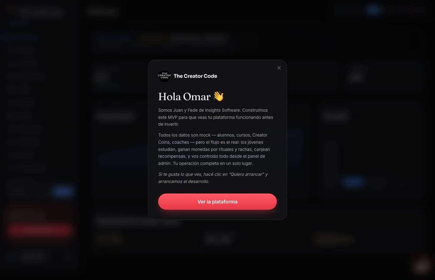 Pantalla de The Creator Code, desarrollo de software de insights apps