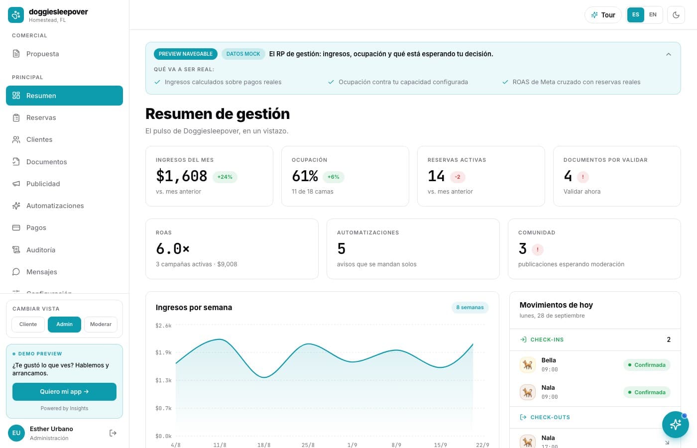 Pantalla de Doggiesleepover, desarrollo de software de insights apps