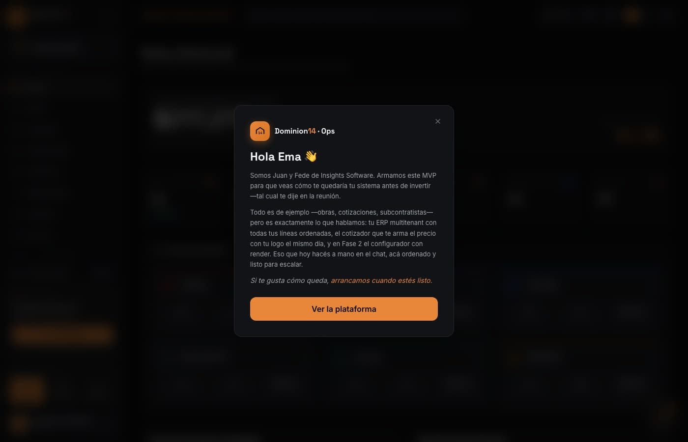 Pantalla de Dominion14, desarrollo de software de insights apps