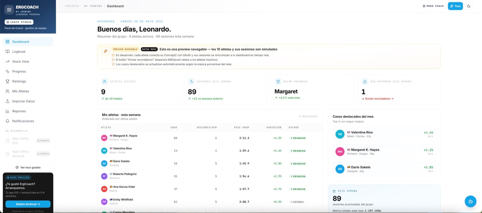 El progreso a lo largo de las semanas — ErgCoach, desarrollo de software de insights apps