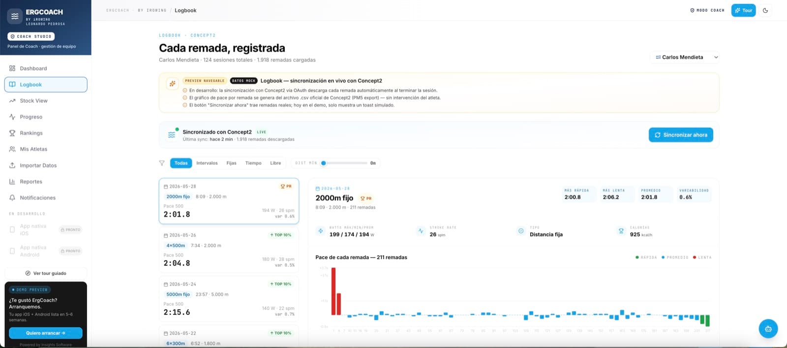 Coaching que llega sin entrenador presente — ErgCoach, desarrollo de software de insights apps