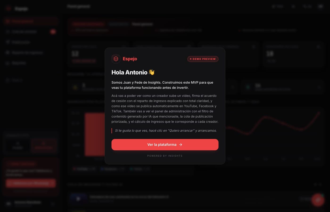 Se cobra desde el primer video — Espejo, desarrollo de software de insights apps