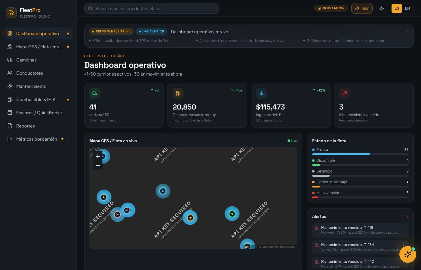 La flota, en vivo — FleetPro, desarrollo de software de insights apps