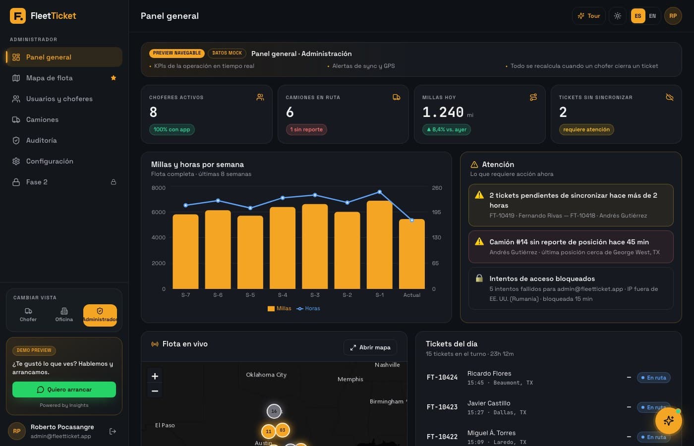 Choferes y camiones, en vivo — FleetTicket, desarrollo de software de insights apps