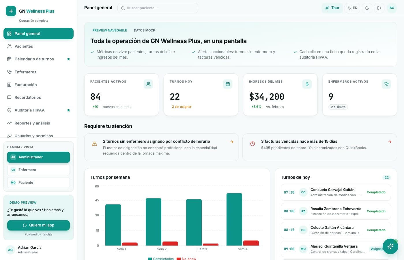 Pantalla de GN Wellness Plus, desarrollo de software de insights apps