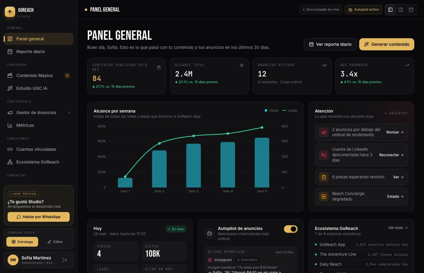 Pantalla de GoReach Studio, desarrollo de software de insights apps