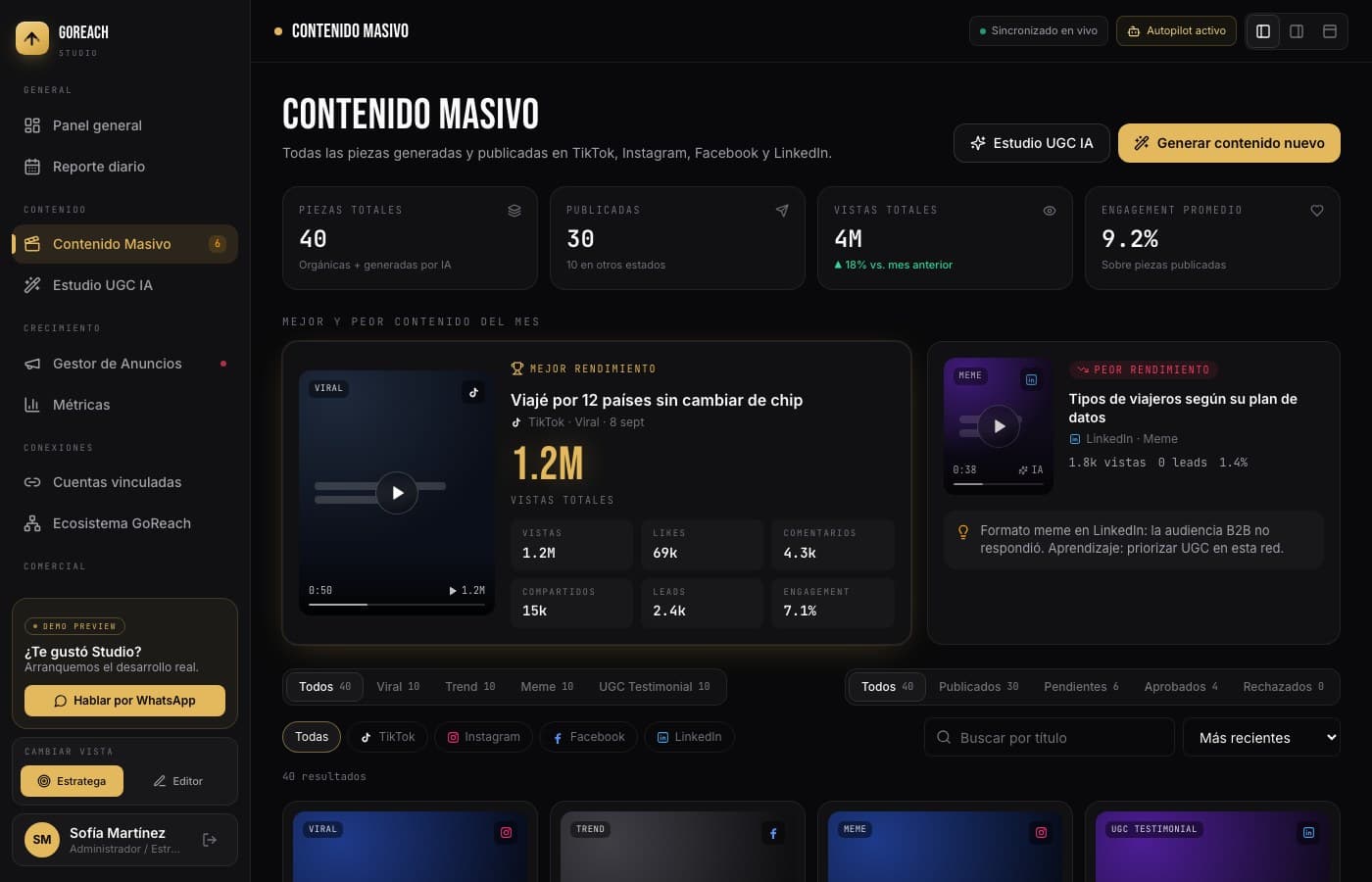 Autopilot activo — GoReach Studio, desarrollo de software de insights apps
