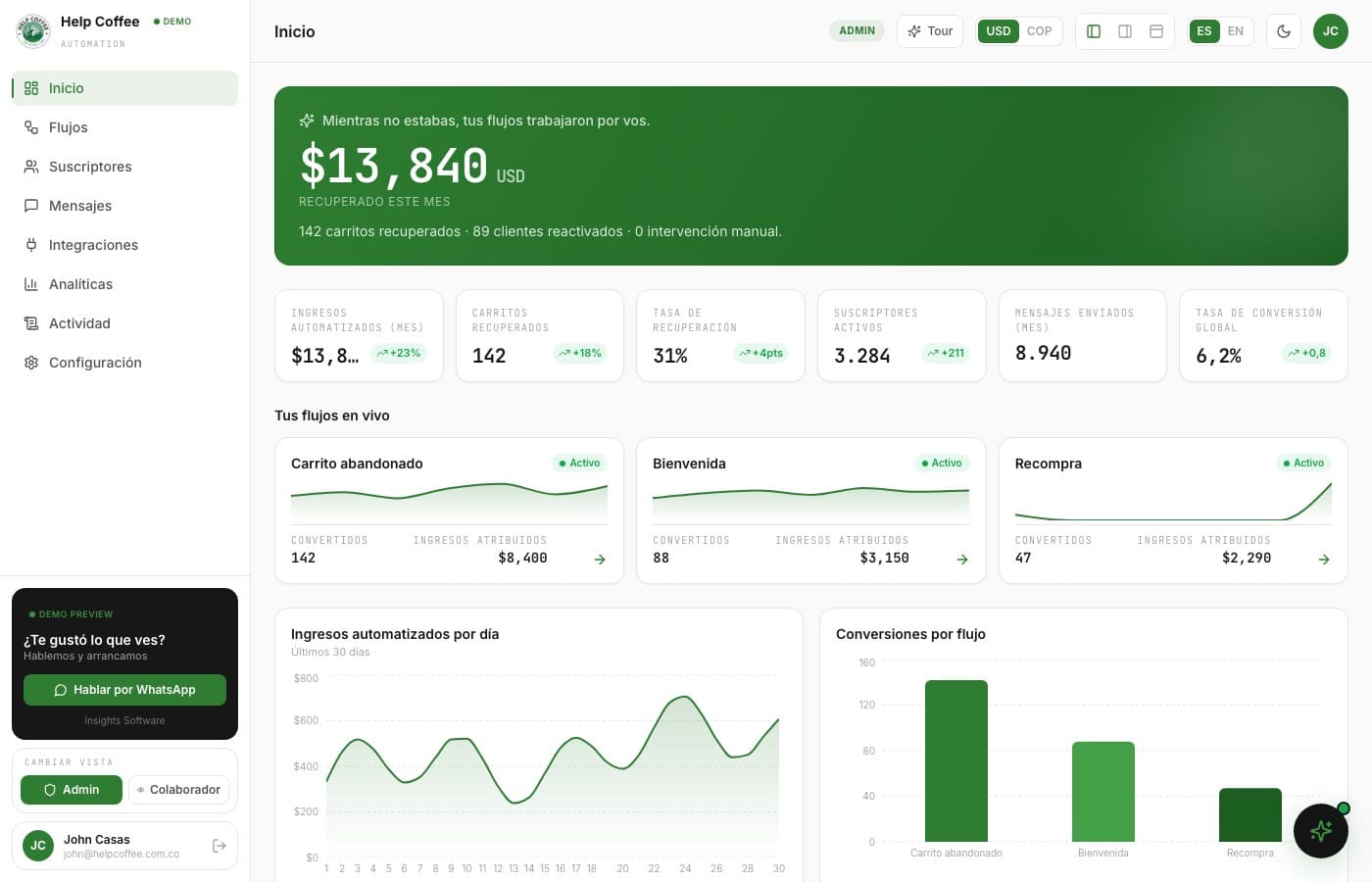 Pantalla de Help Coffee, desarrollo de software de insights apps