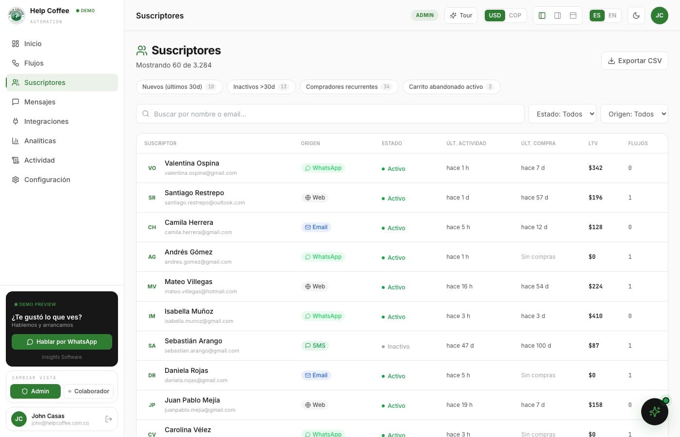 En dólares o en pesos colombianos — Help Coffee, desarrollo de software de insights apps
