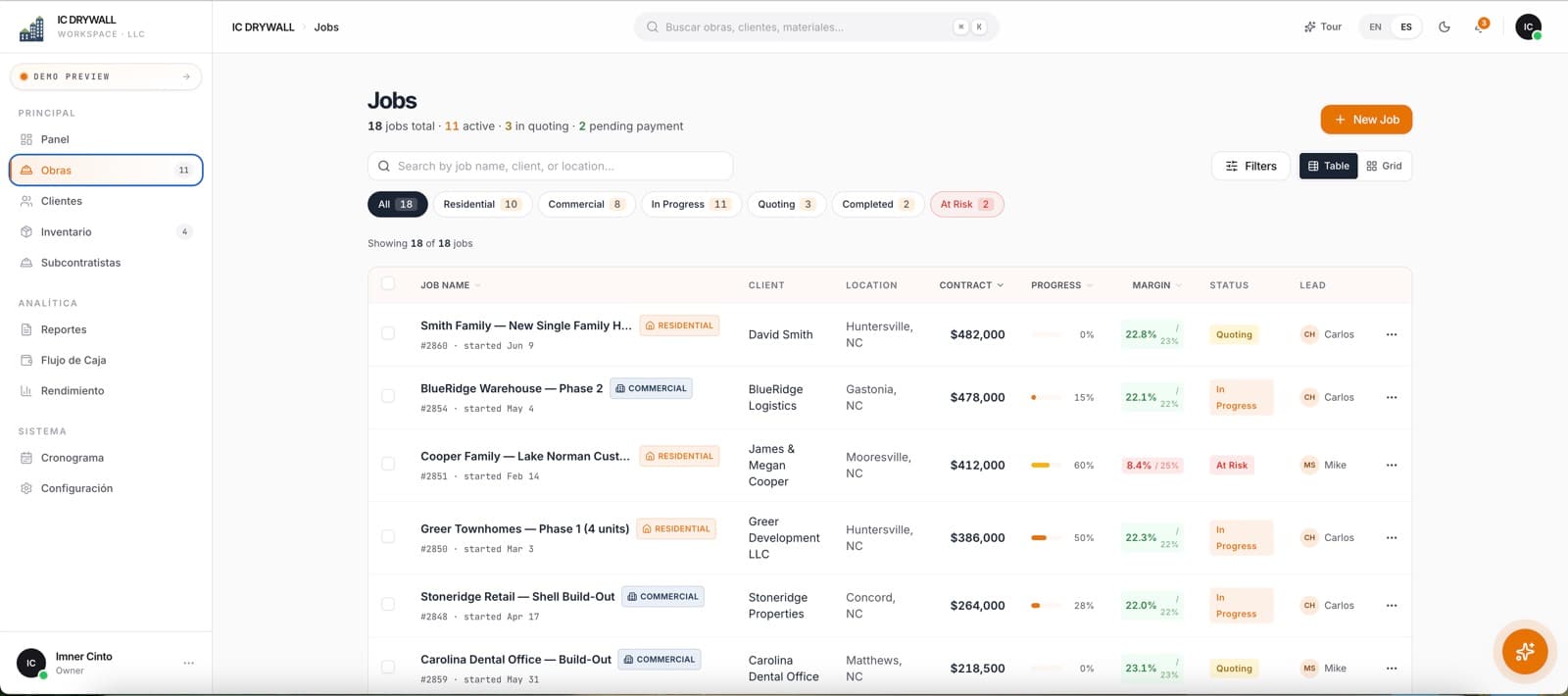 Un ERP que el equipo usa — IC Drywall ERP, desarrollo de software de insights apps