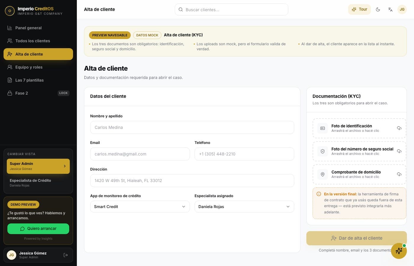 La producción, por especialista — Imperio CreditOS, desarrollo de software de insights apps