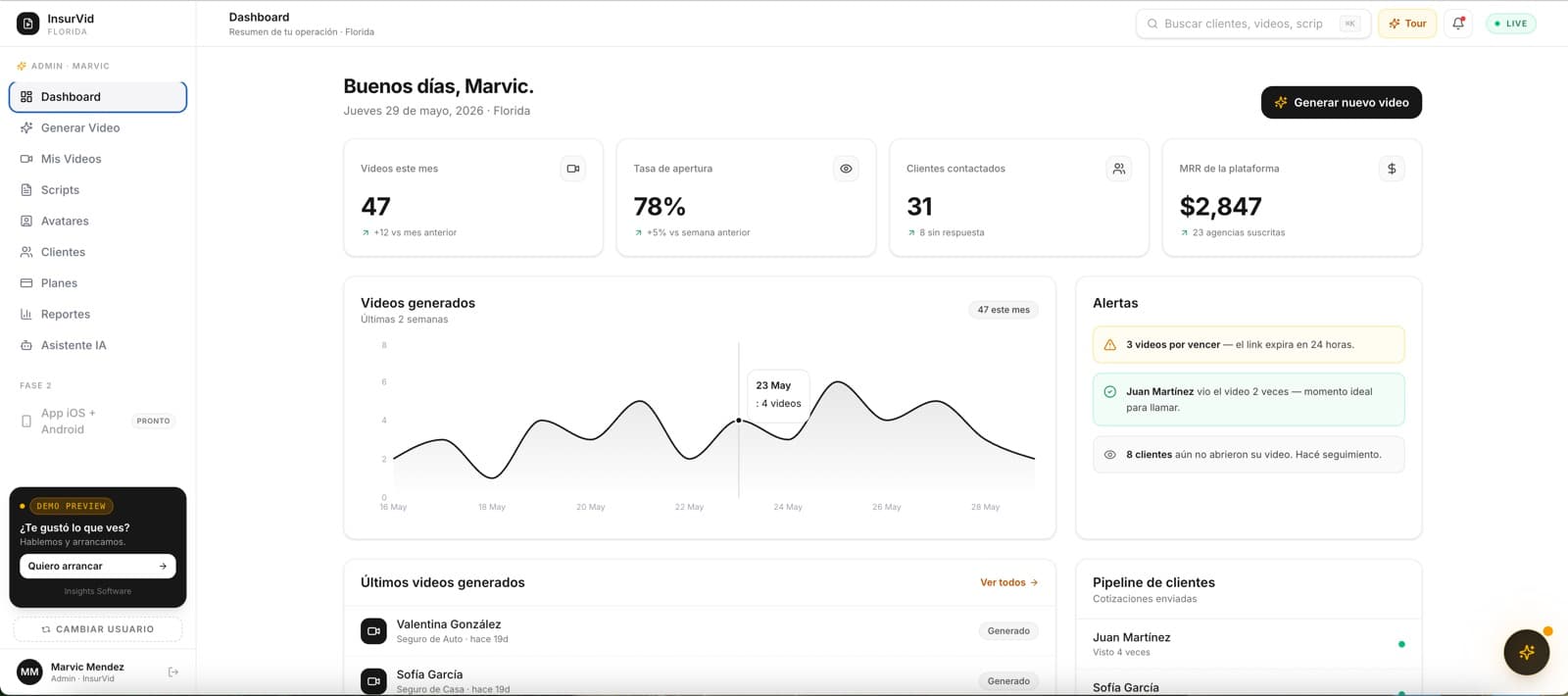 Pantalla de InsurVid, desarrollo de software de insights apps