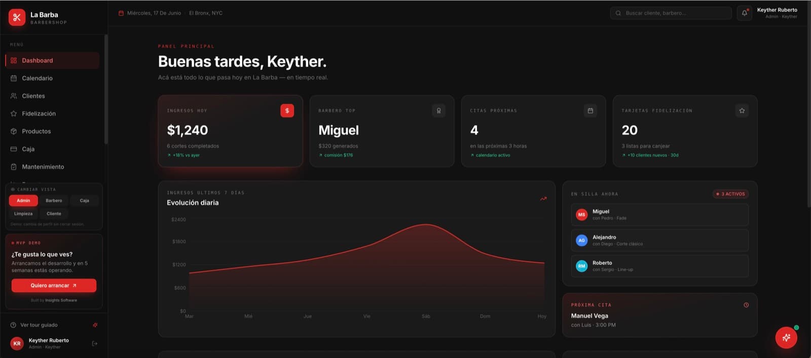 Pantalla de La Barba Barbershop, desarrollo de software de insights apps