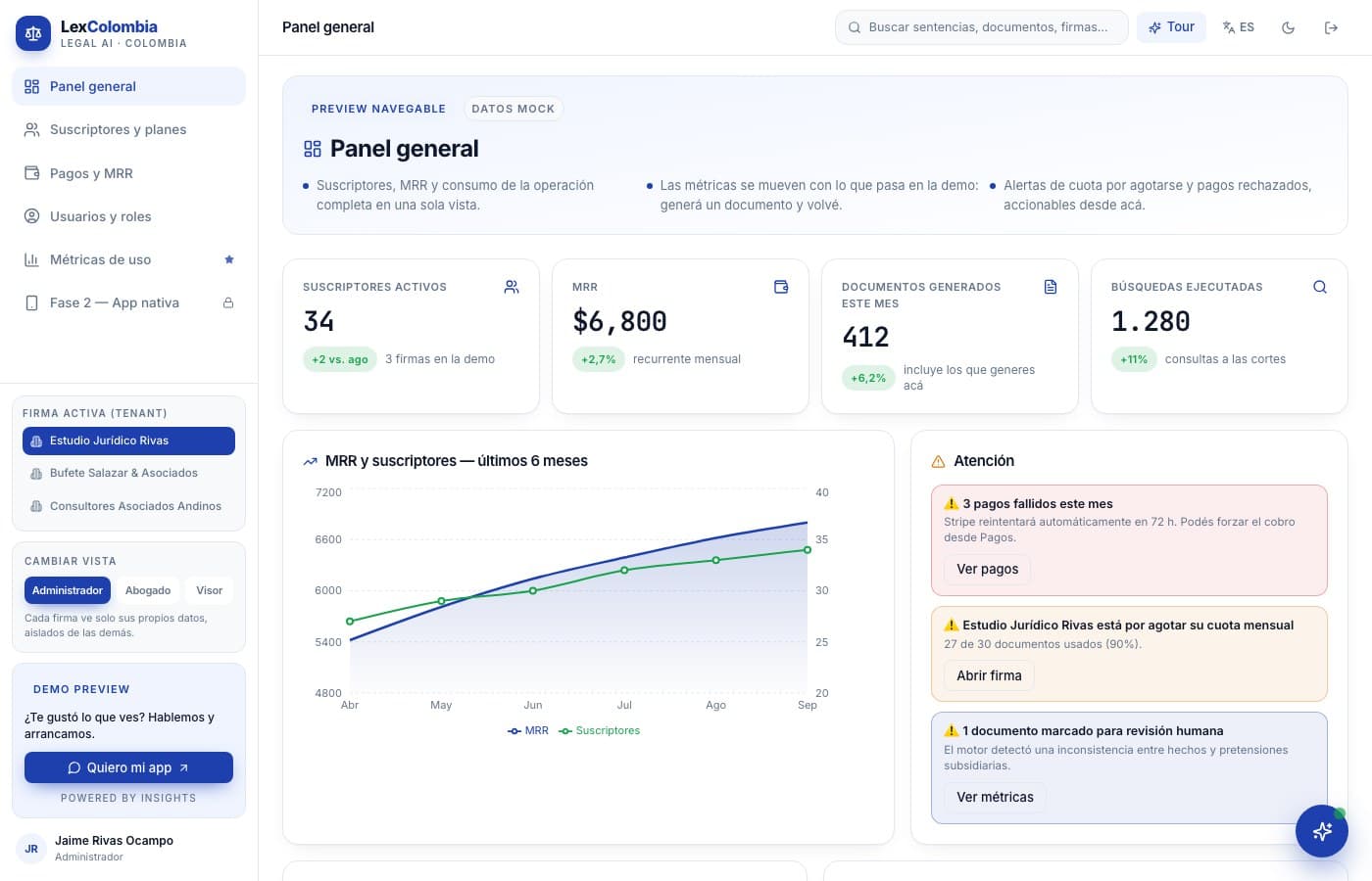 Pantalla de LexColombia, desarrollo de software de insights apps