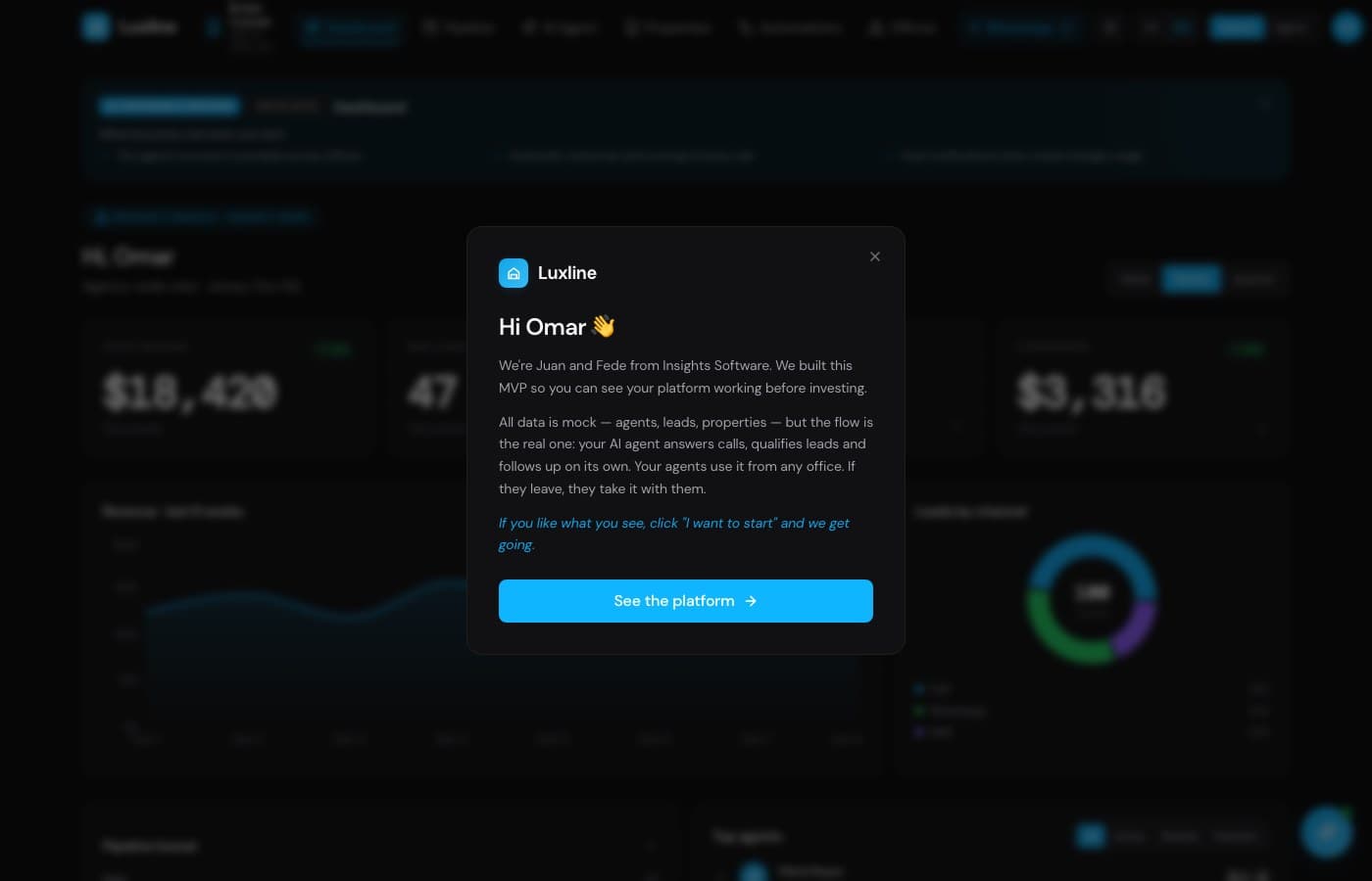Pantalla de Luxline, desarrollo de software de insights apps