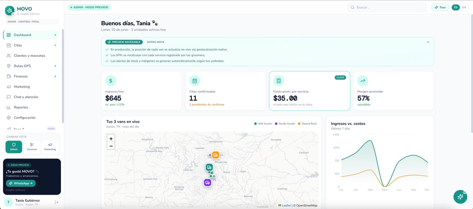 Pantalla de MOVO, desarrollo de software de insights apps