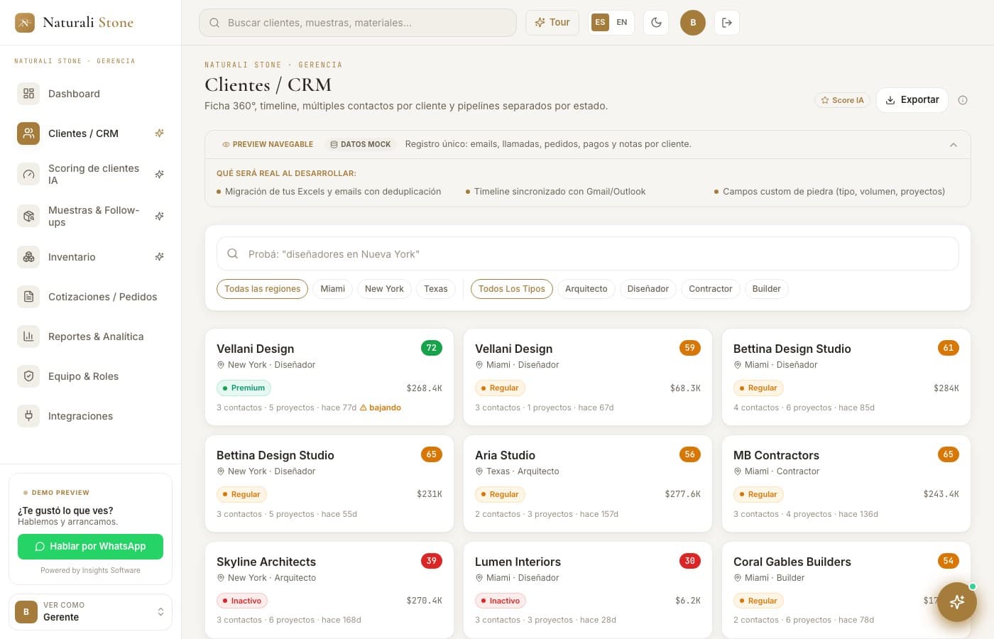 Scoring de clientes con IA — Naturali Stone, desarrollo de software de insights apps