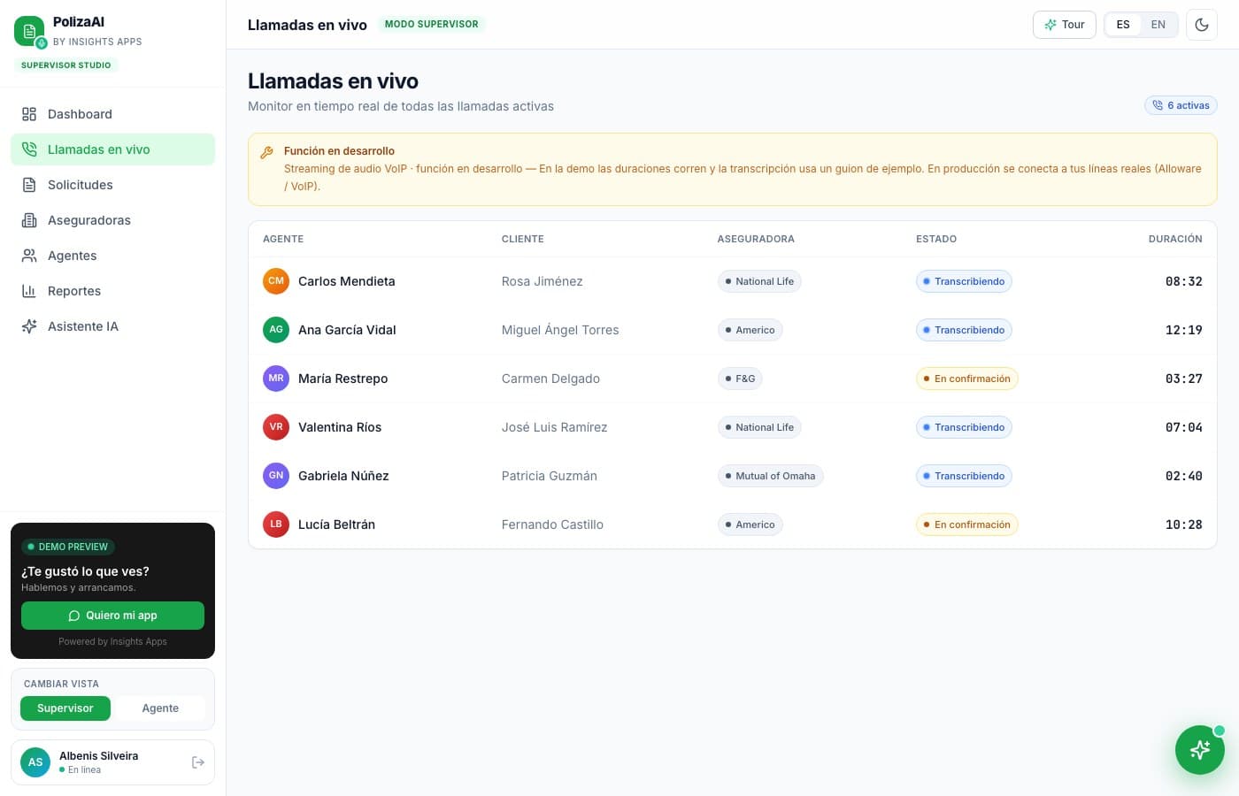 El top de agentes, a la vista — PolizaAI, desarrollo de software de insights apps