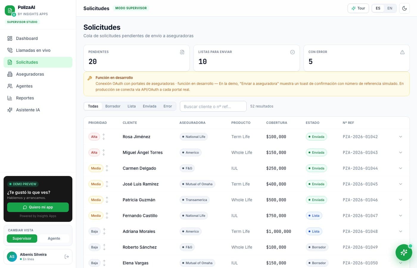 Por aseguradora, no sólo por agente — PolizaAI, desarrollo de software de insights apps