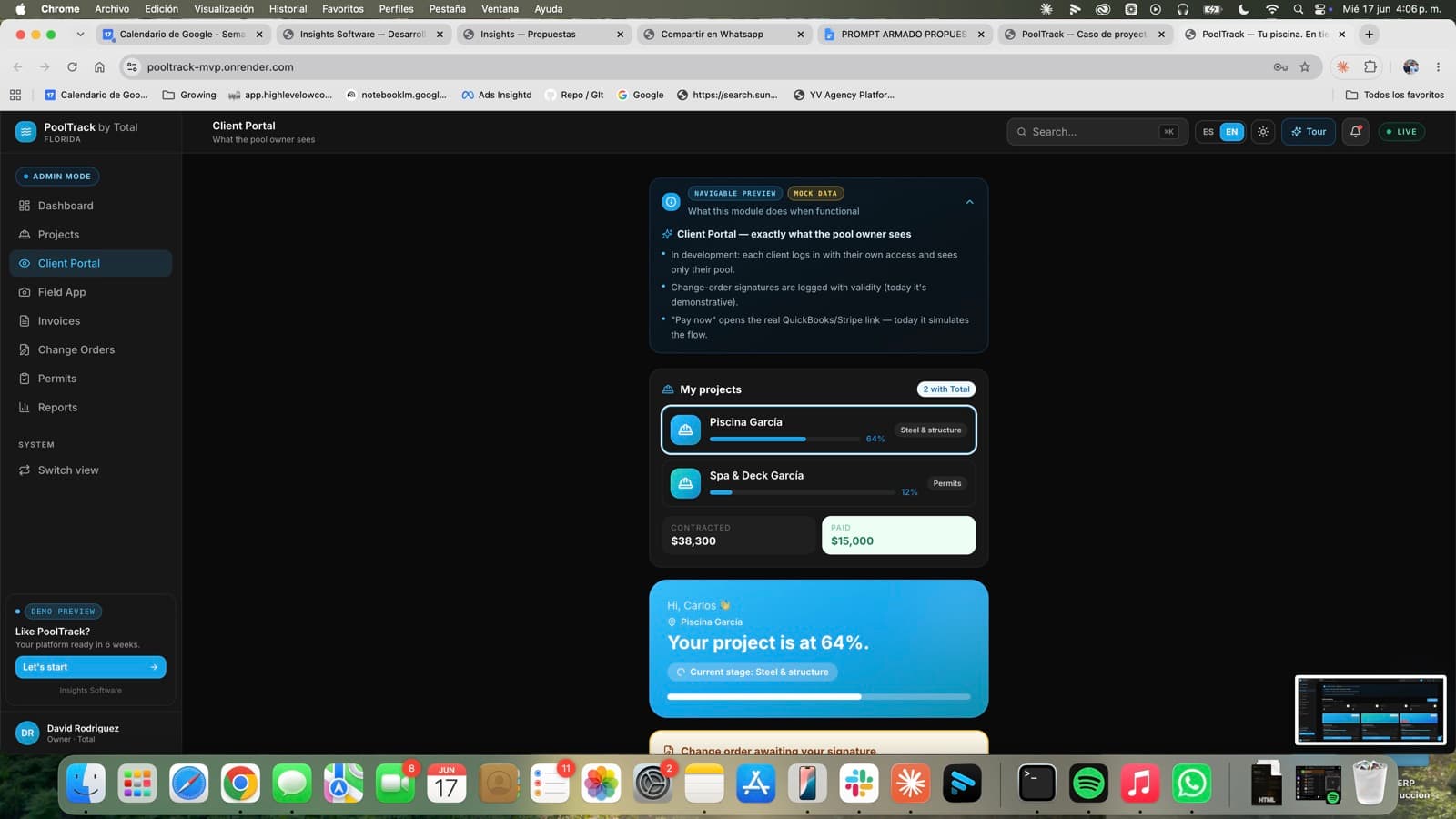 El equipo carga desde el campo — PoolTrack, desarrollo de software de insights apps