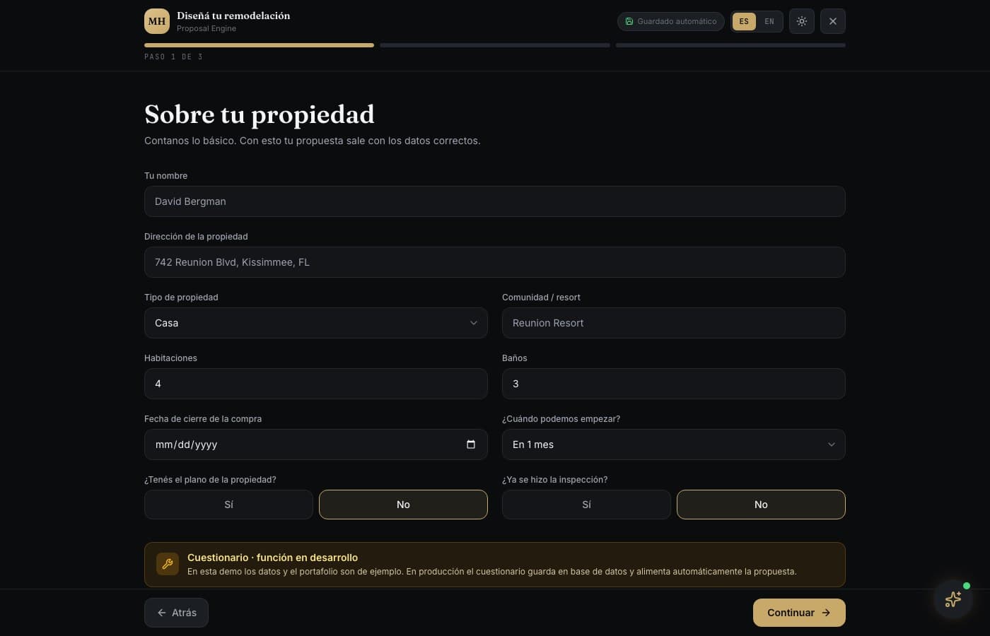 Del cuestionario a la orden de trabajo — Proposal Engine, desarrollo de software de insights apps