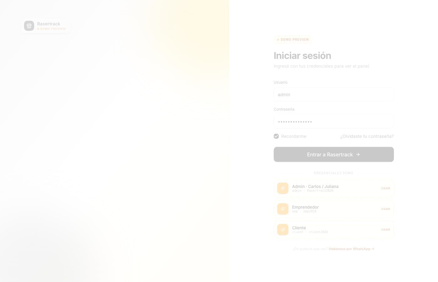 Login y acceso, listos — Rasertrack, desarrollo de software de insights apps