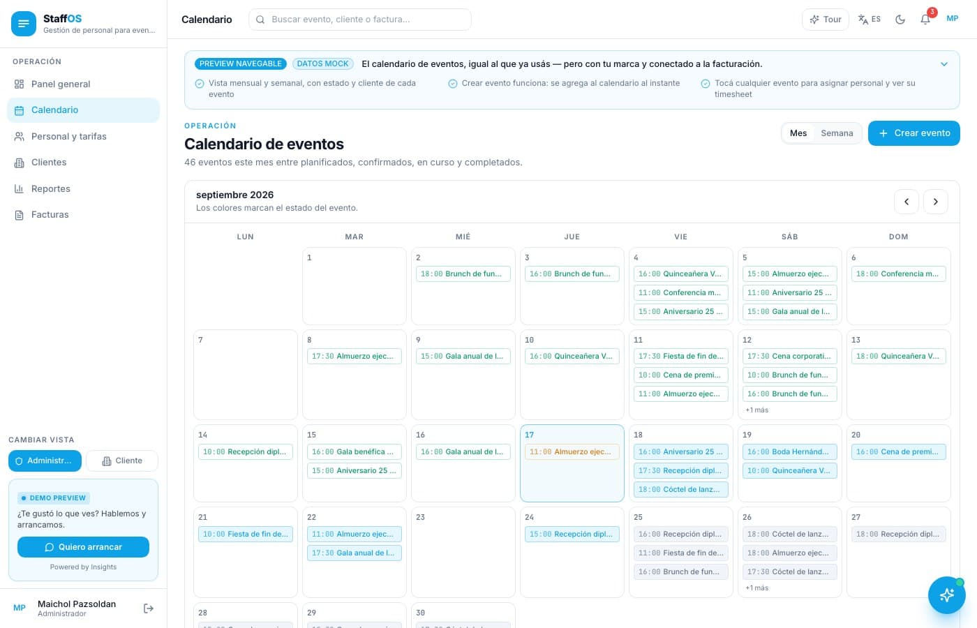 Cada evento, con su timesheet — StaffOS, desarrollo de software de insights apps