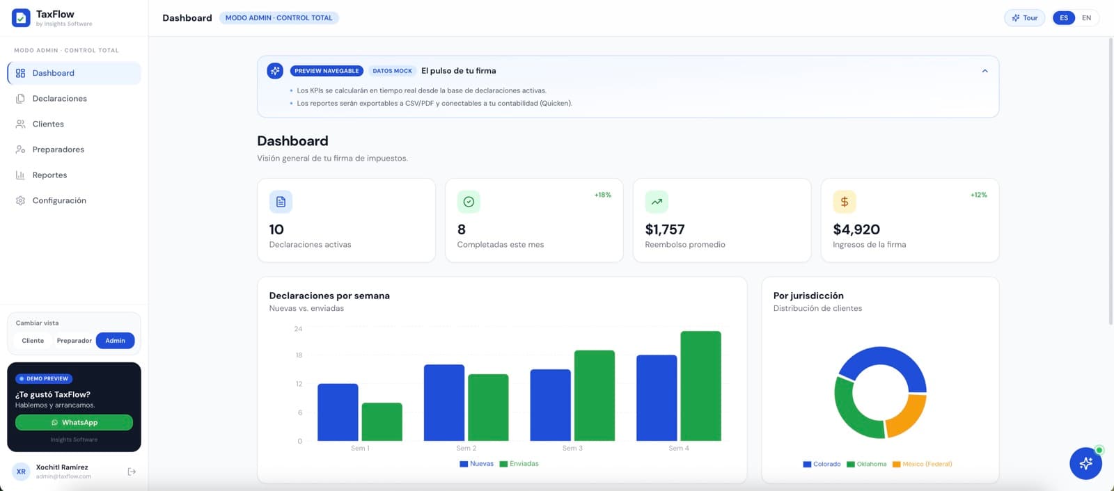 Pantalla de TaxFlow, desarrollo de software de insights apps