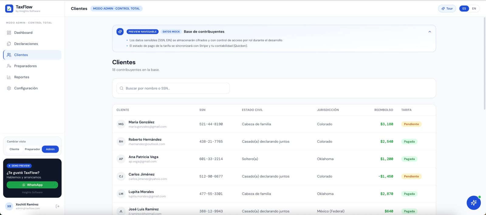 El cliente ve su declaración avanzar — TaxFlow, desarrollo de software de insights apps