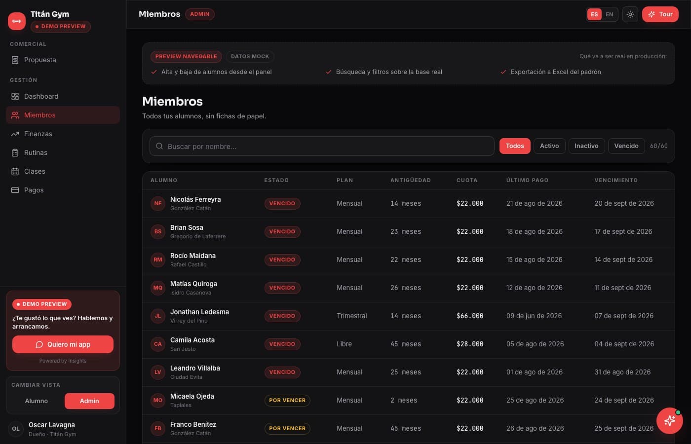 Adiós fichas de papel — Titán Gym, desarrollo de software de insights apps