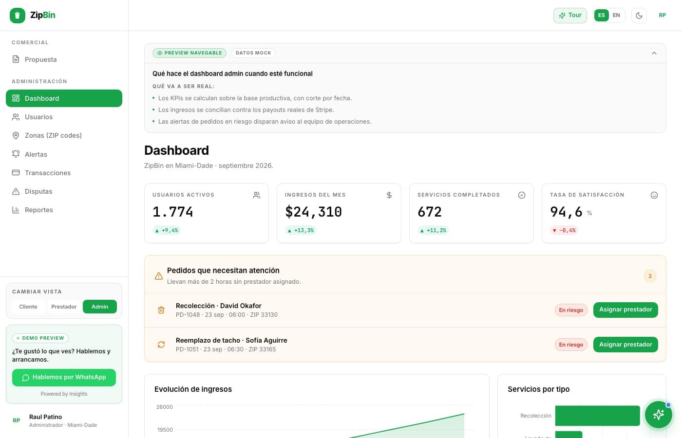Pantalla de ZipBin, desarrollo de software de insights apps