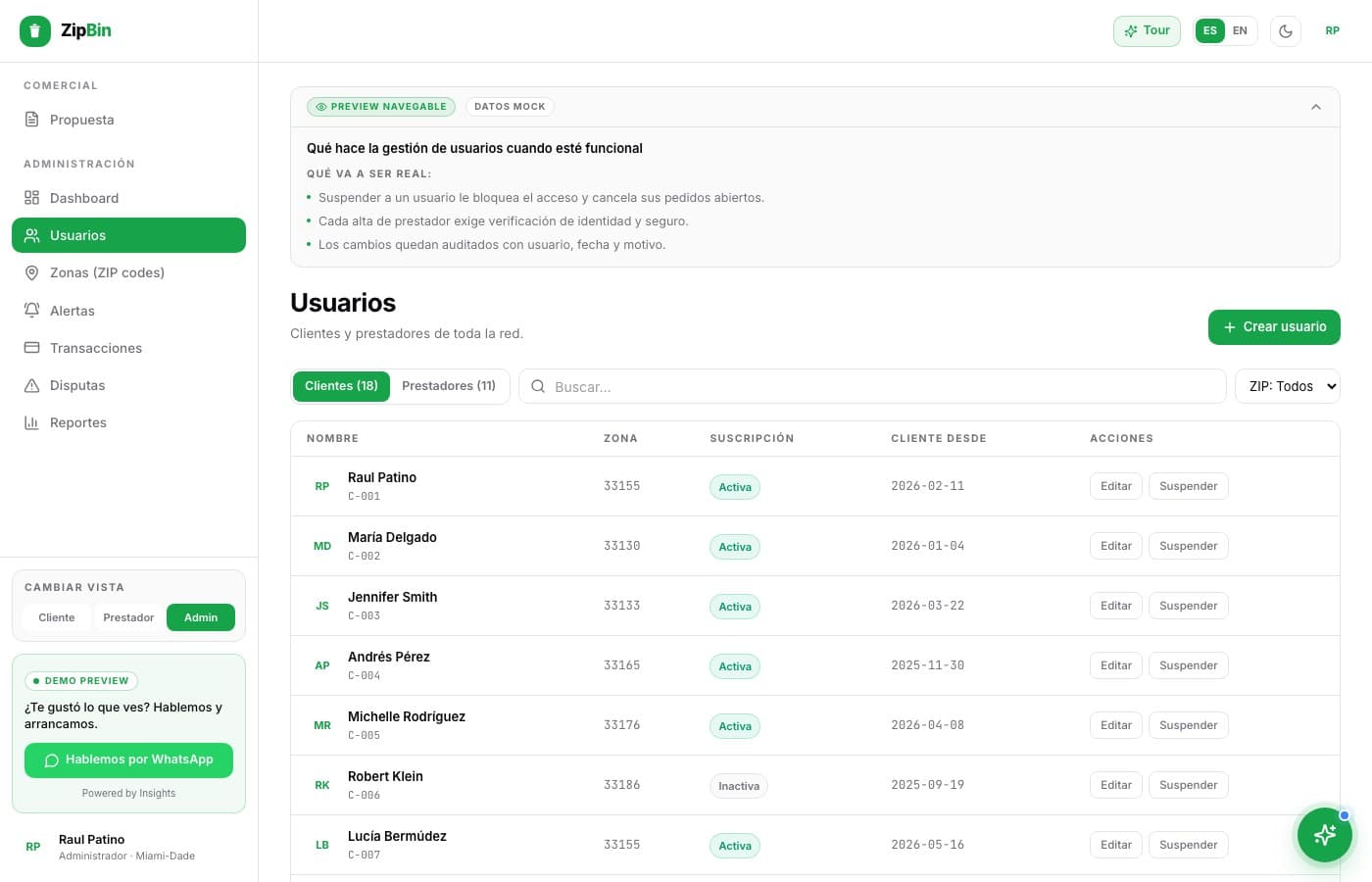 El pedido llega solo al ZIP code correcto — ZipBin, desarrollo de software de insights apps